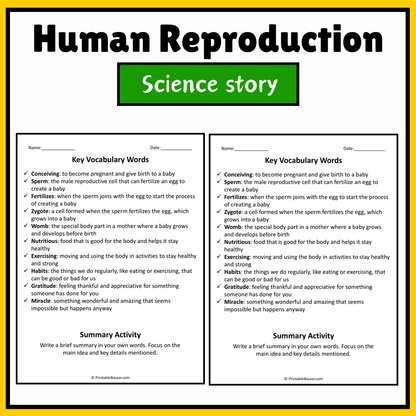 Human Reproduction | Science Story Reading Comprehension Activity
