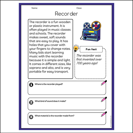 Recorder | Reading Passage Comprehension Questions Writing Facts Worksheet