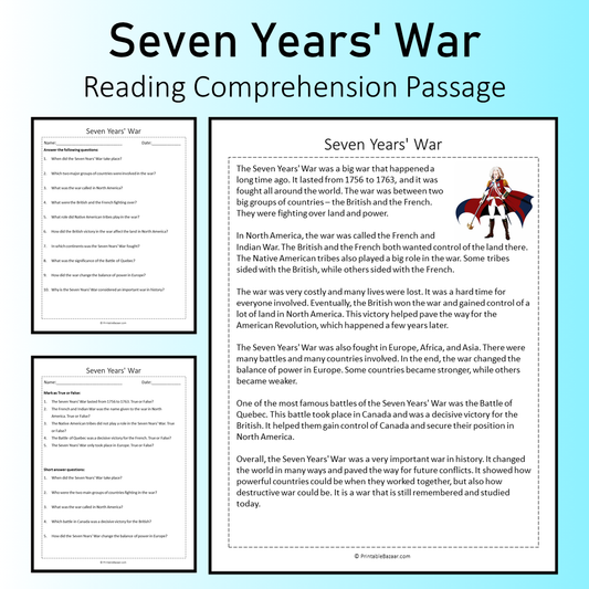 Seven Years' War | Reading Comprehension Passage Printable Worksheet