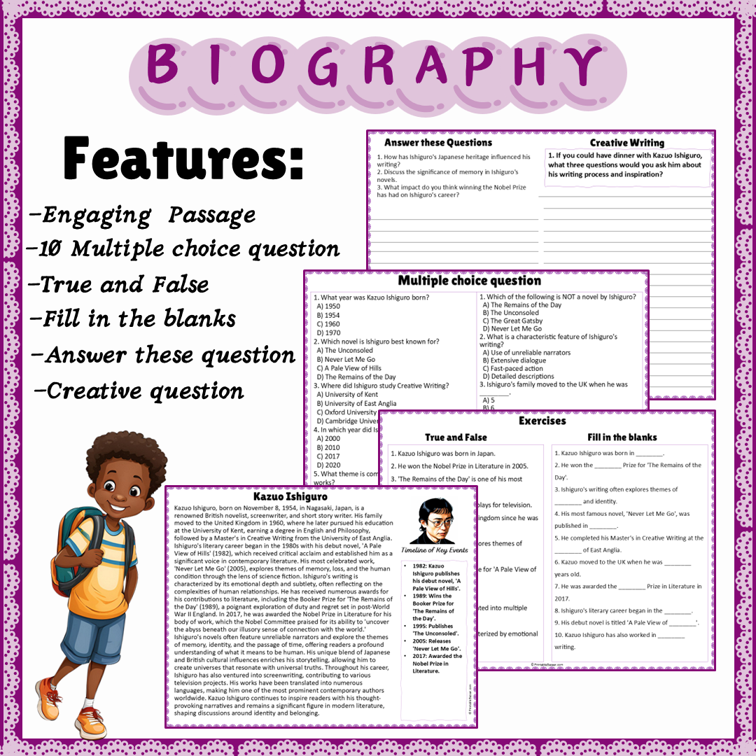 Kazuo Ishiguro | Biography Reading Comprehension and Questions Worksheet
