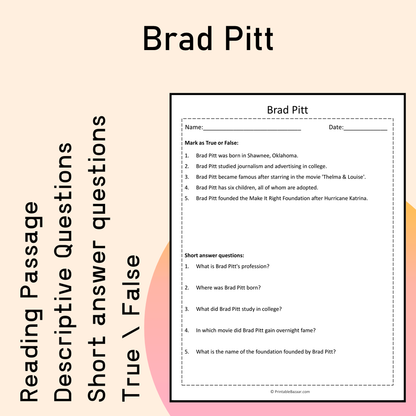 Brad Pitt | Reading Comprehension Passage Printable Activity