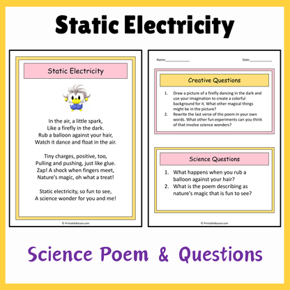 Static Electricity | Science Poem Reading Comprehension Activity