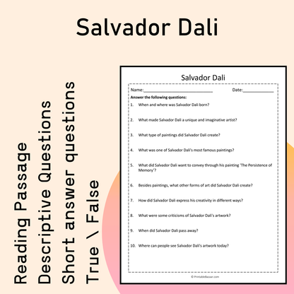 Salvador Dali | Reading Comprehension Passage Printable Activity