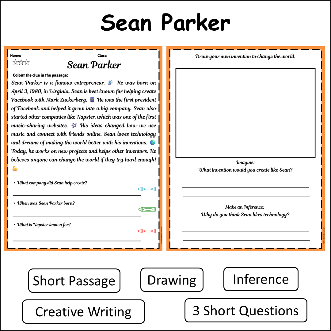 Sean Parker | Short Reading Comprehension Creative Worksheet