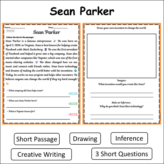 Sean Parker | Short Reading Comprehension Creative Worksheet