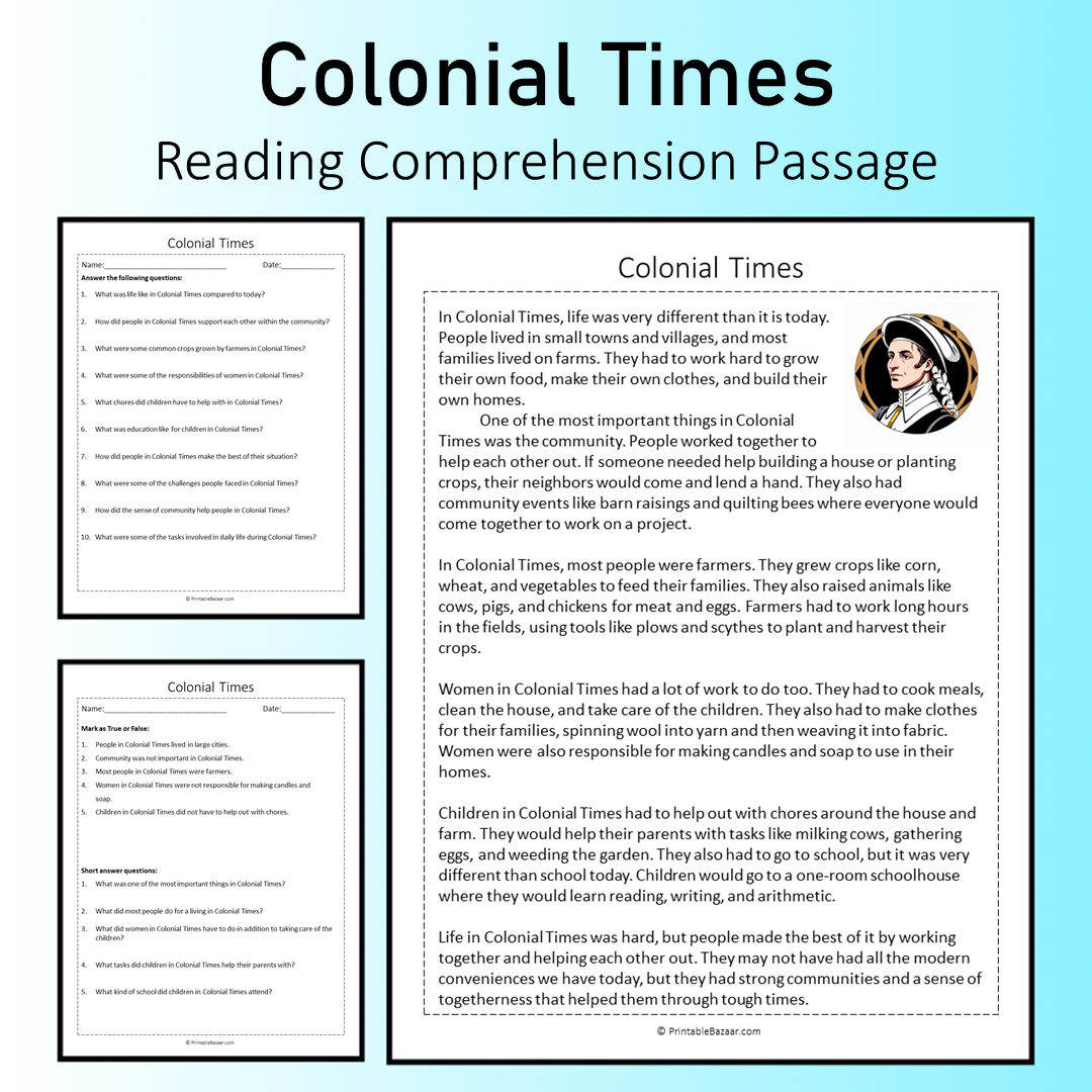 Colonial Times | Reading Comprehension Passage Printable Worksheet