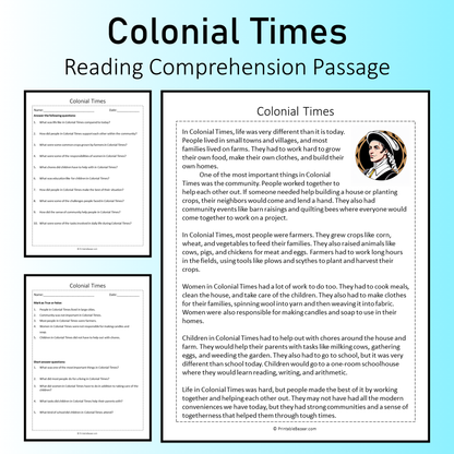 Colonial Times | Reading Comprehension Passage Printable Worksheet