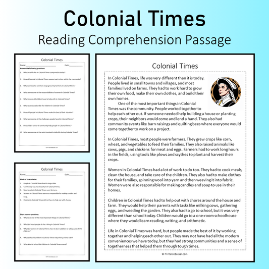 Colonial Times | Reading Comprehension Passage Printable Worksheet