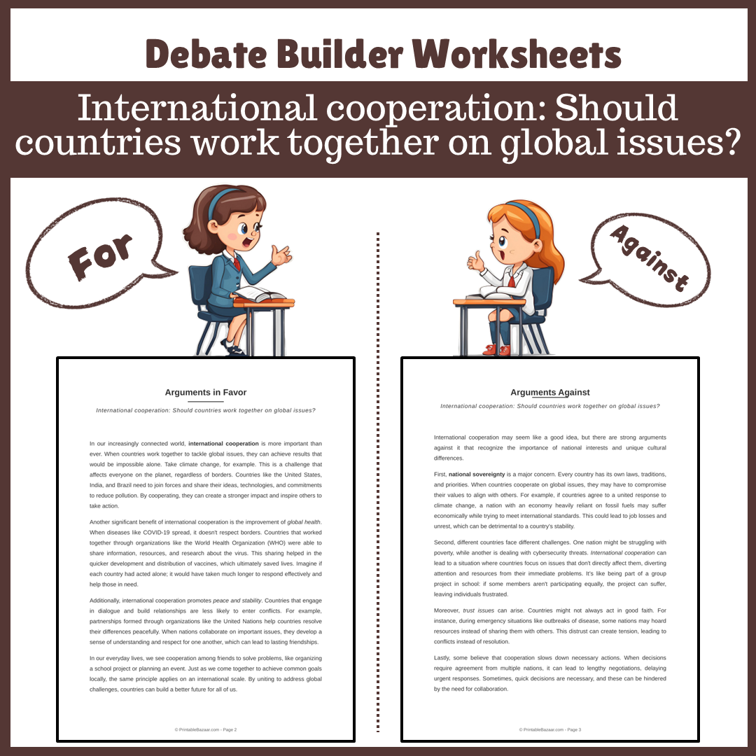 International cooperation: Should countries work together on global issues? | Favour and Against Worksheet Printable Activity