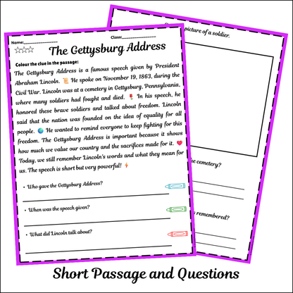 The Gettysburg Address | Short Reading Comprehension Creative Worksheet