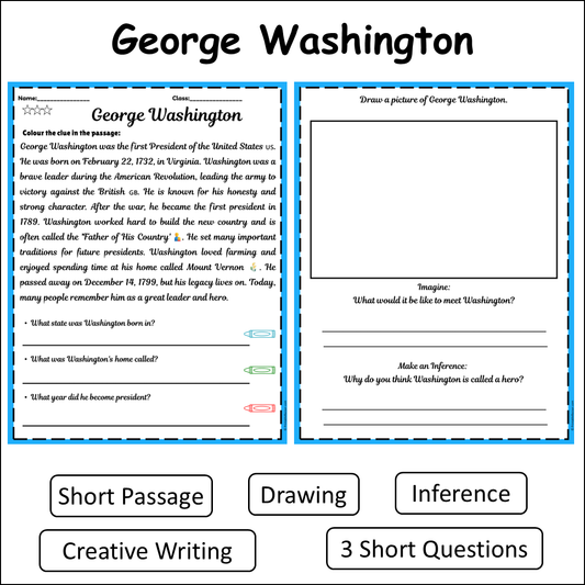 George Washington | Short Reading Comprehension Creative Worksheet