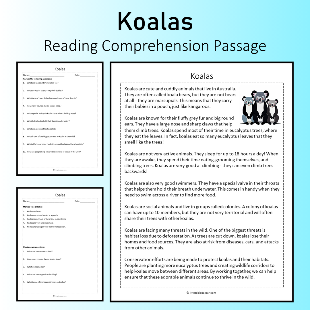 Koalas | Reading Comprehension Passage Printable Worksheet