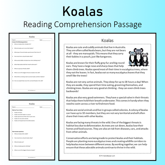 Koalas | Reading Comprehension Passage Printable Worksheet