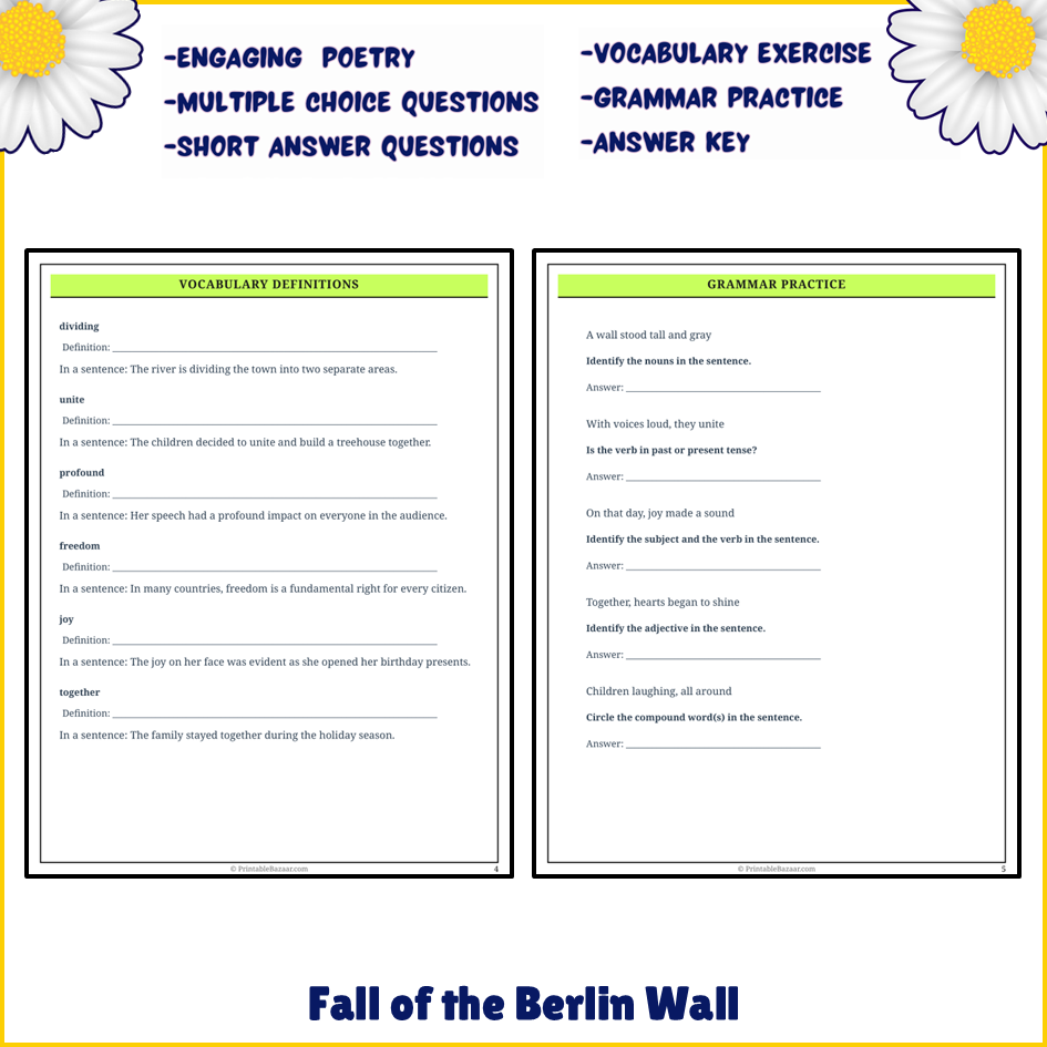 Fall of the Berlin Wall | Poem Grammar Worksheet Printable Activity