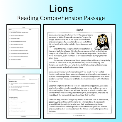 Lions | Reading Comprehension Passage Printable Worksheet