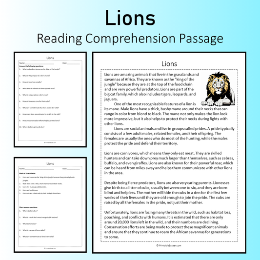 Lions | Reading Comprehension Passage Printable Worksheet