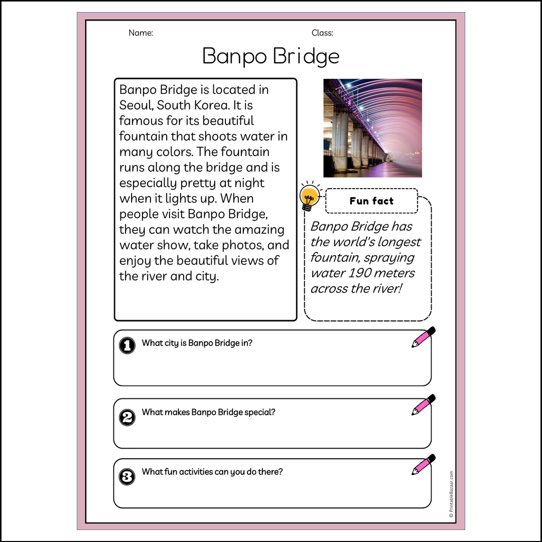 Banpo Bridge | Reading Passage Comprehension Questions Writing Facts Worksheet