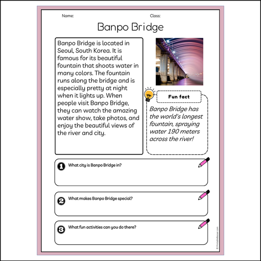 Banpo Bridge | Reading Passage Comprehension Questions Writing Facts Worksheet