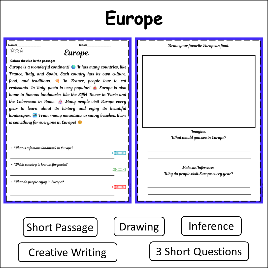 Europe | Short Reading Comprehension Creative Worksheet