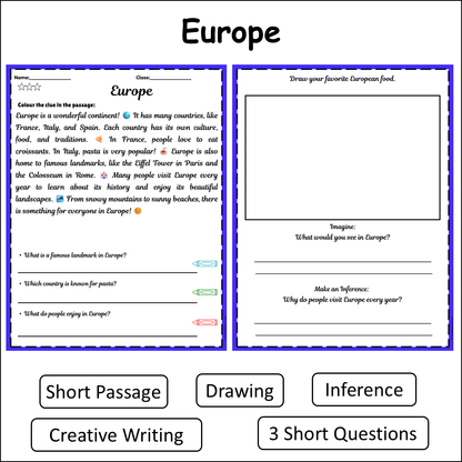 Europe | Short Reading Comprehension Creative Worksheet