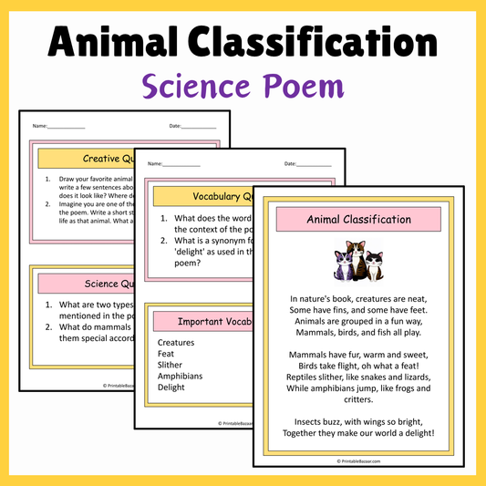 Animal Classification | Science Poem Reading Comprehension Activity