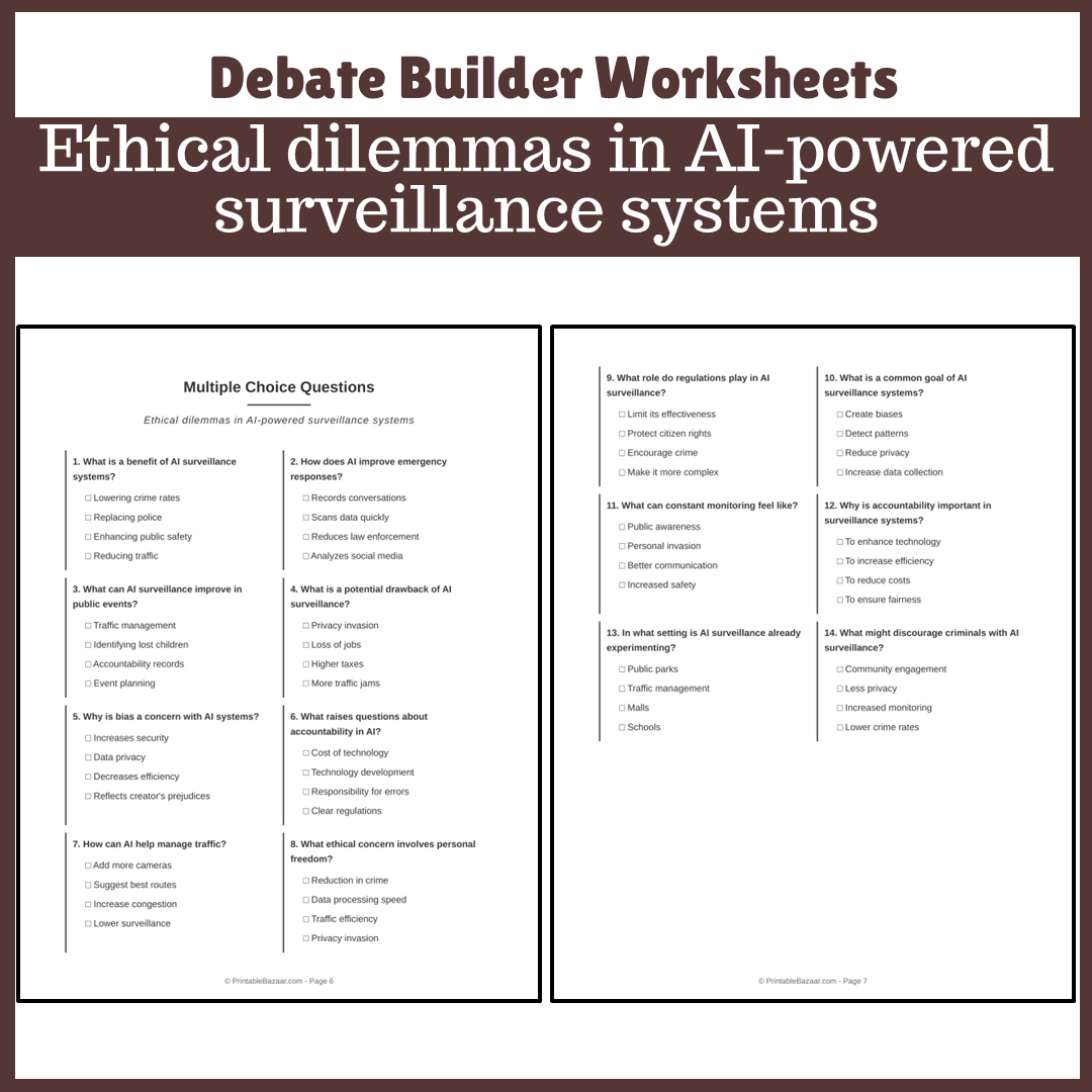 Ethical dilemmas in AI-powered surveillance systems | Favour and Against Worksheet Printable Activity