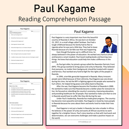 Paul Kagame | Reading Comprehension Passage Printable Activity