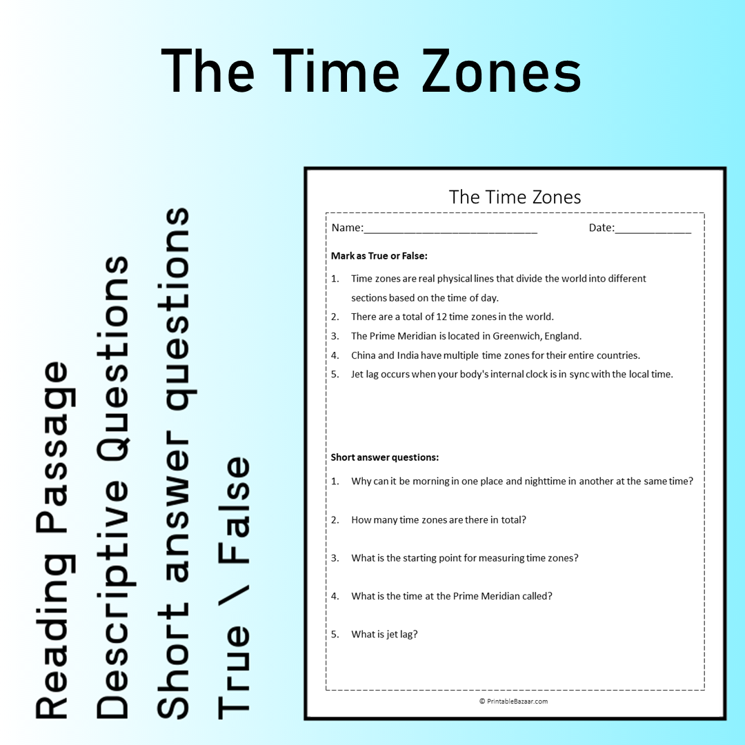 The Time Zones | Reading Comprehension Passage Printable Worksheet