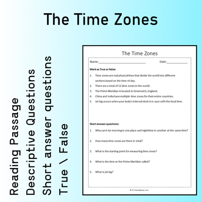 The Time Zones | Reading Comprehension Passage Printable Worksheet