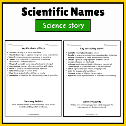 Scientific Names | Science Story Reading Comprehension Activity