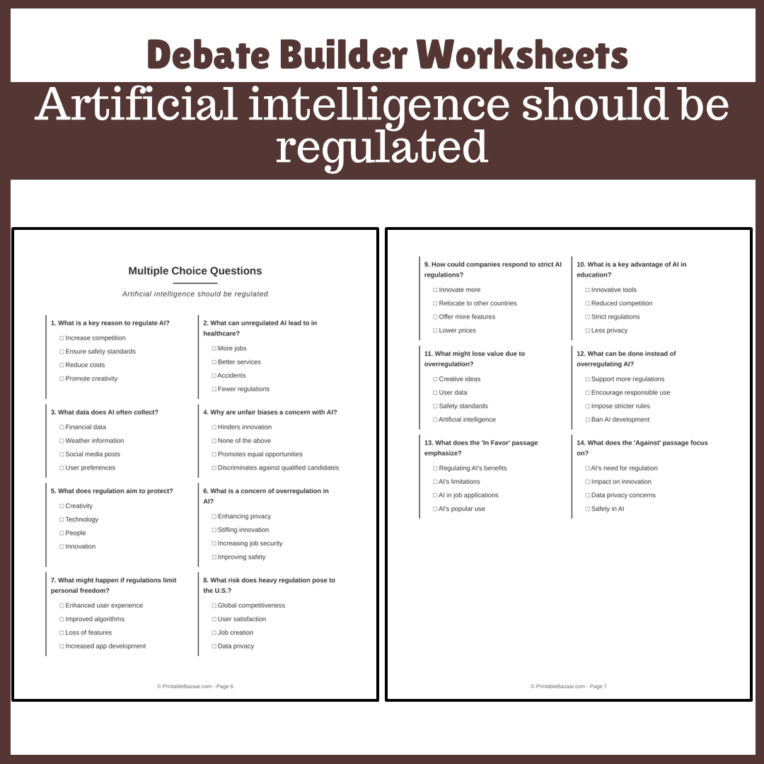 Artificial intelligence should be regulated | Favour and Against Worksheet Printable Activity