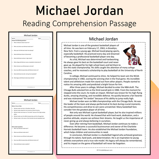 Michael Jordan | Reading Comprehension Passage Printable Activity
