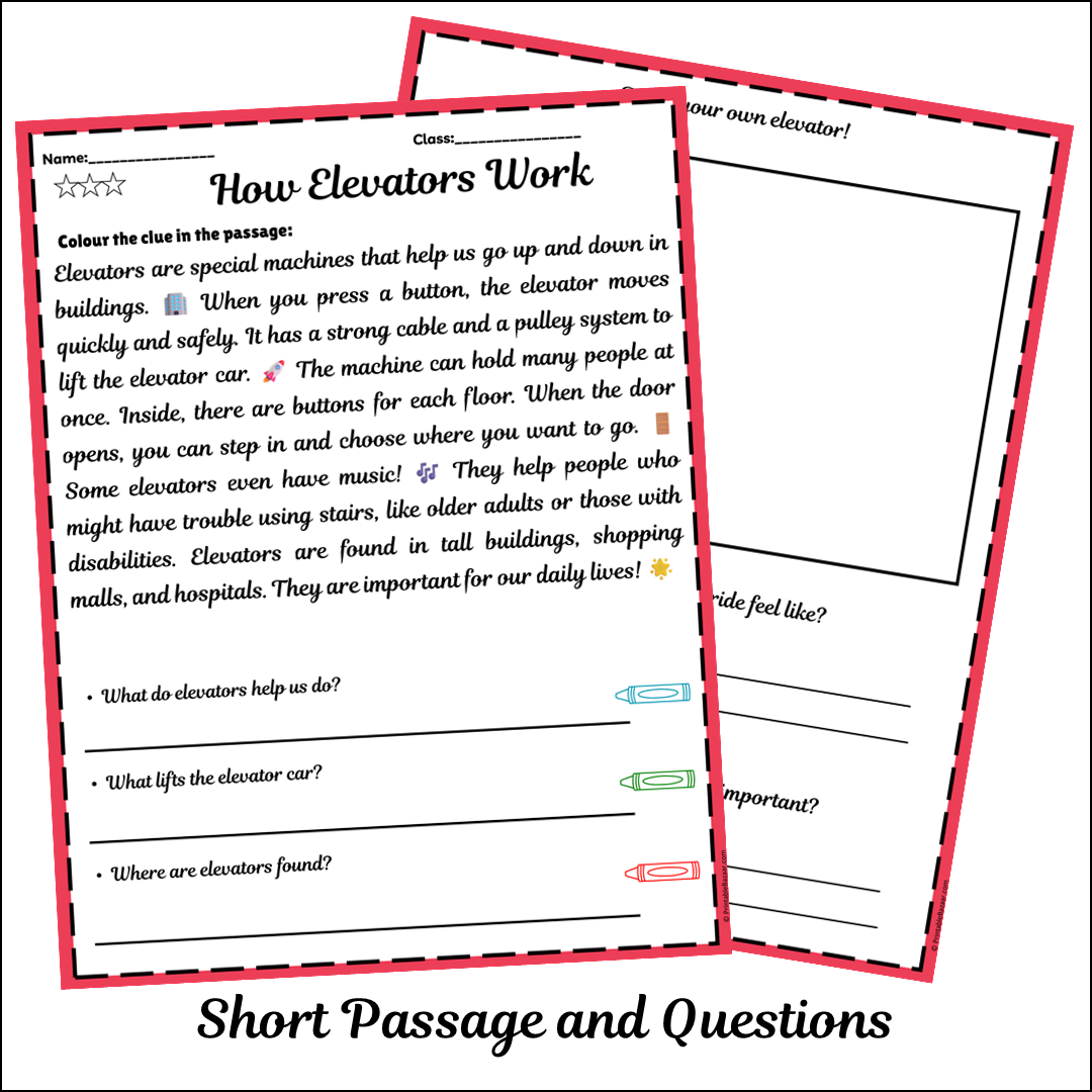 How Elevators Work | Short Reading Comprehension Creative Worksheet
