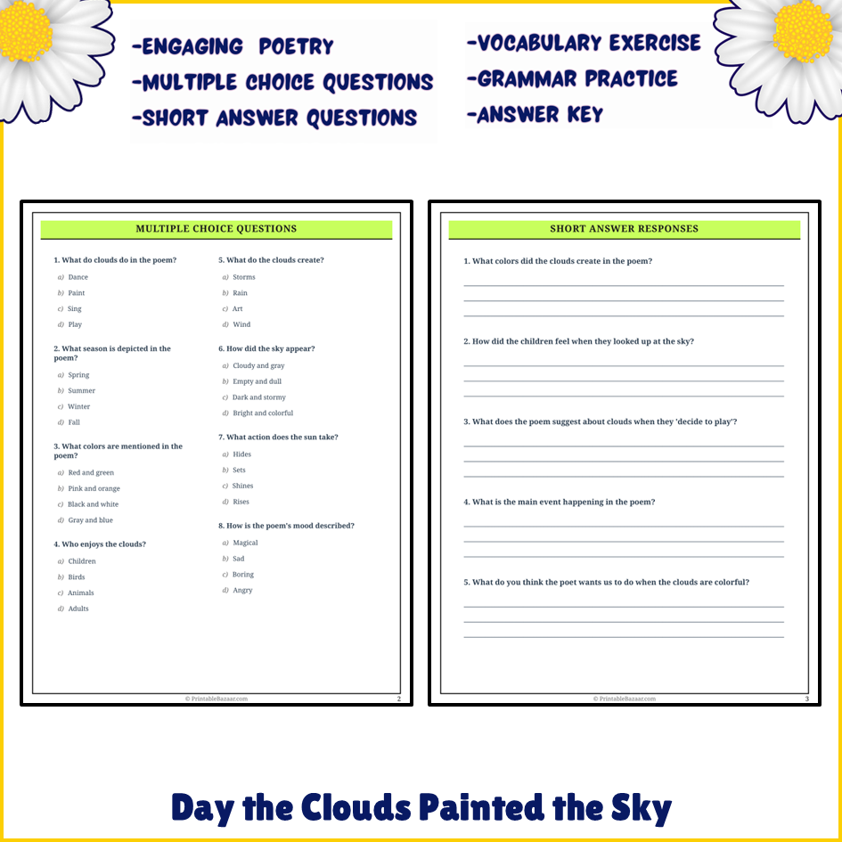Day the Clouds Painted the Sky | Poem Grammar Worksheet Printable Activity