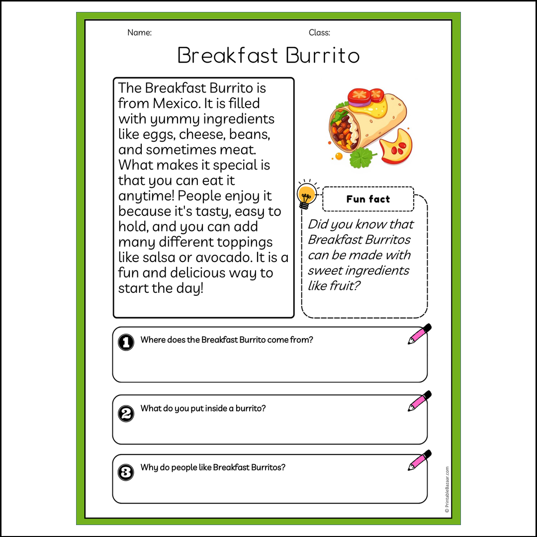 Breakfast Burrito | Reading Passage Comprehension Questions Writing Facts Worksheet