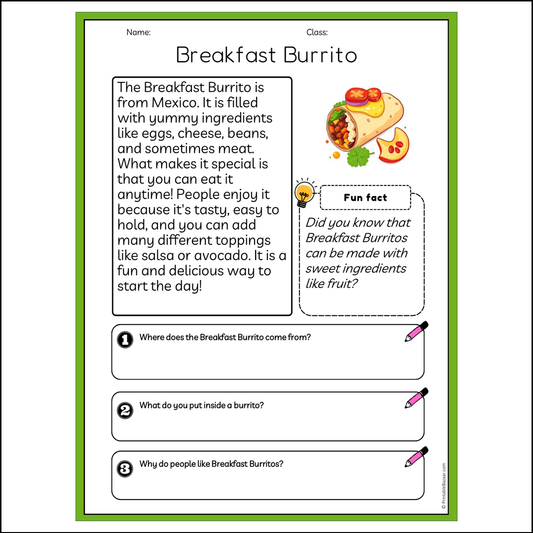 Breakfast Burrito | Reading Passage Comprehension Questions Writing Facts Worksheet