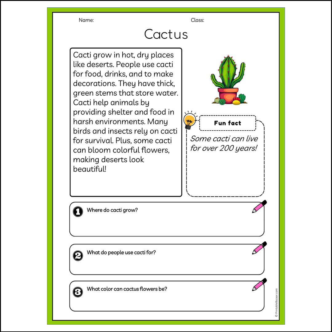 Cactus | Reading Passage Comprehension Questions Writing Facts Worksheet