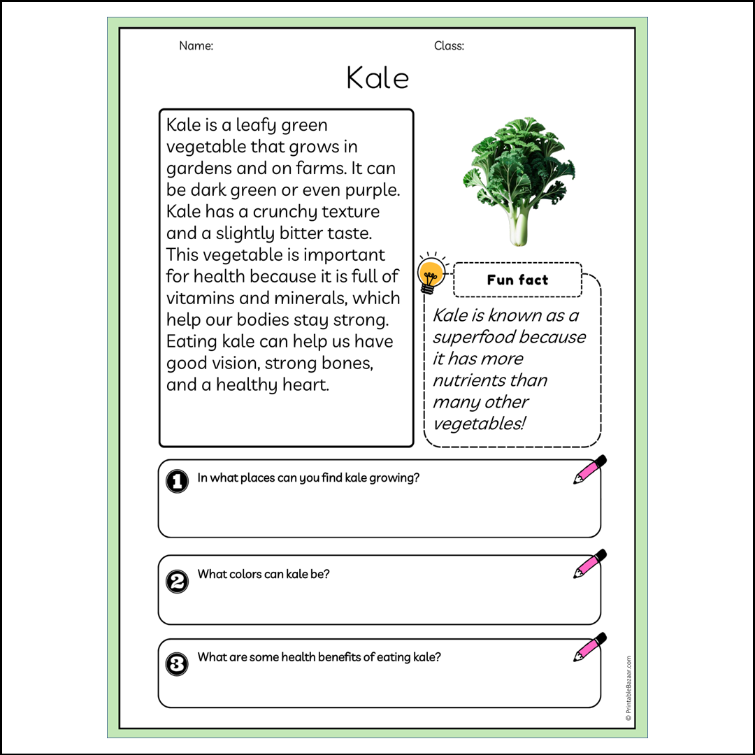 Kale | Reading Passage Comprehension Questions Writing Facts Worksheet