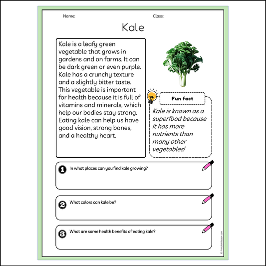 Kale | Reading Passage Comprehension Questions Writing Facts Worksheet