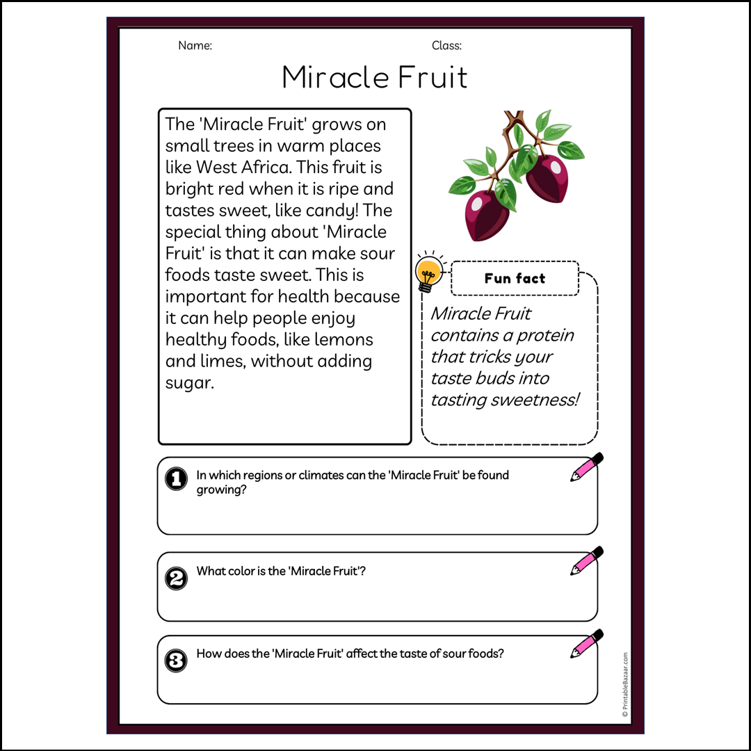 Miracle Fruit | Reading Passage Comprehension Questions Writing Facts Worksheet