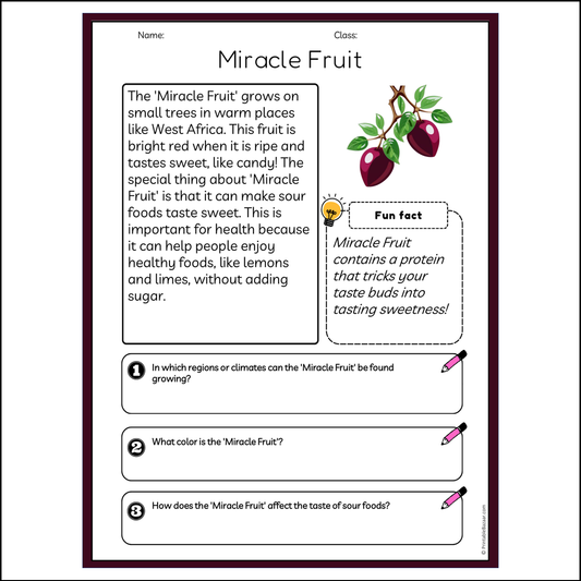 Miracle Fruit | Reading Passage Comprehension Questions Writing Facts Worksheet