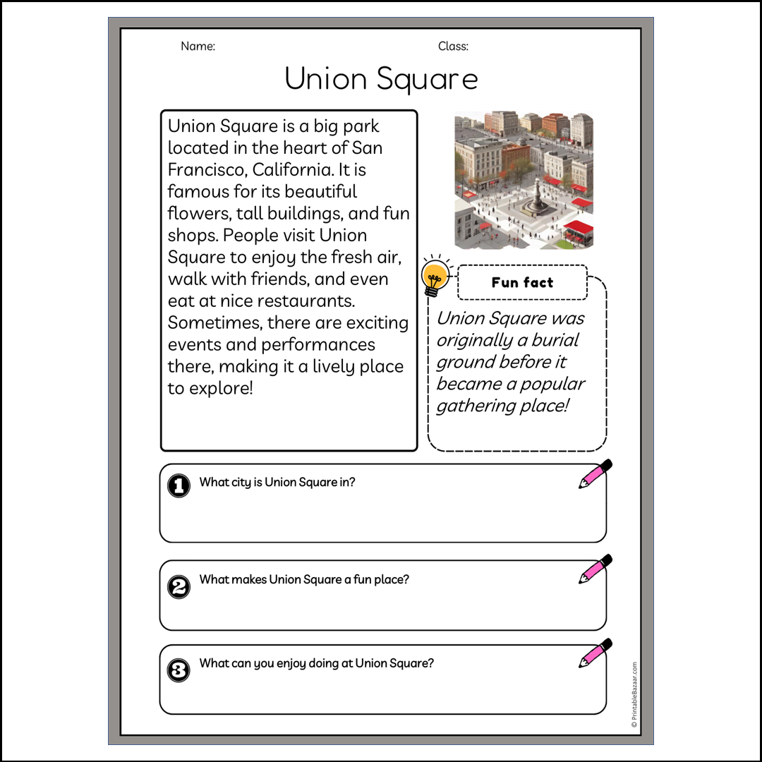 Union Square | Reading Passage Comprehension Questions Writing Facts Worksheet