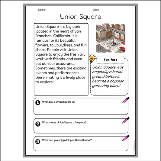 Union Square | Reading Passage Comprehension Questions Writing Facts Worksheet