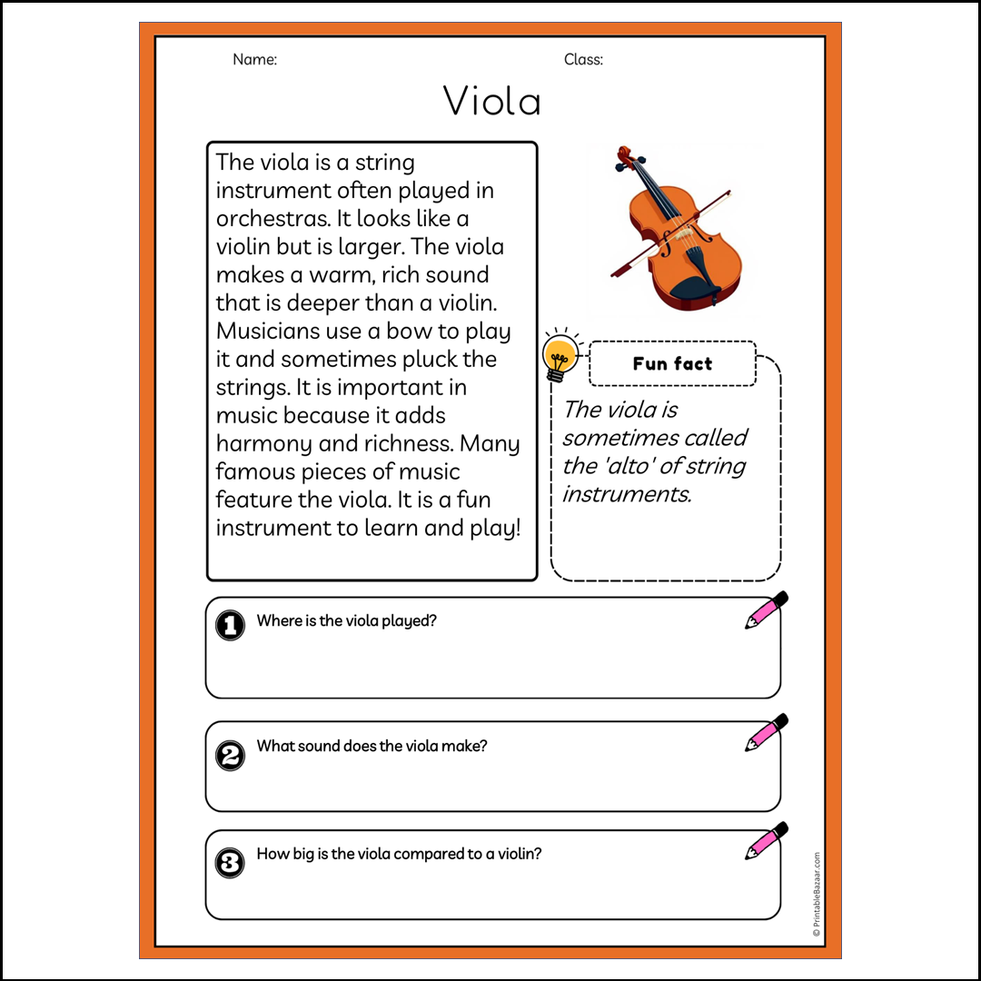 Viola | Reading Passage Comprehension Questions Writing Facts Worksheet