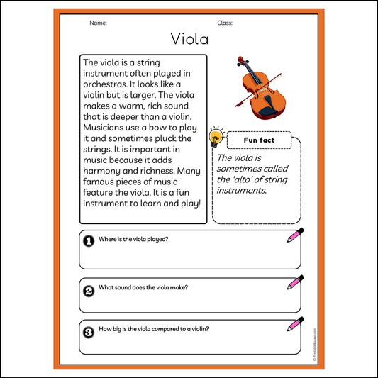 Viola | Reading Passage Comprehension Questions Writing Facts Worksheet