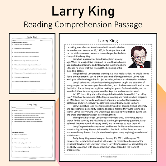 Larry King | Reading Comprehension Passage Printable Activity