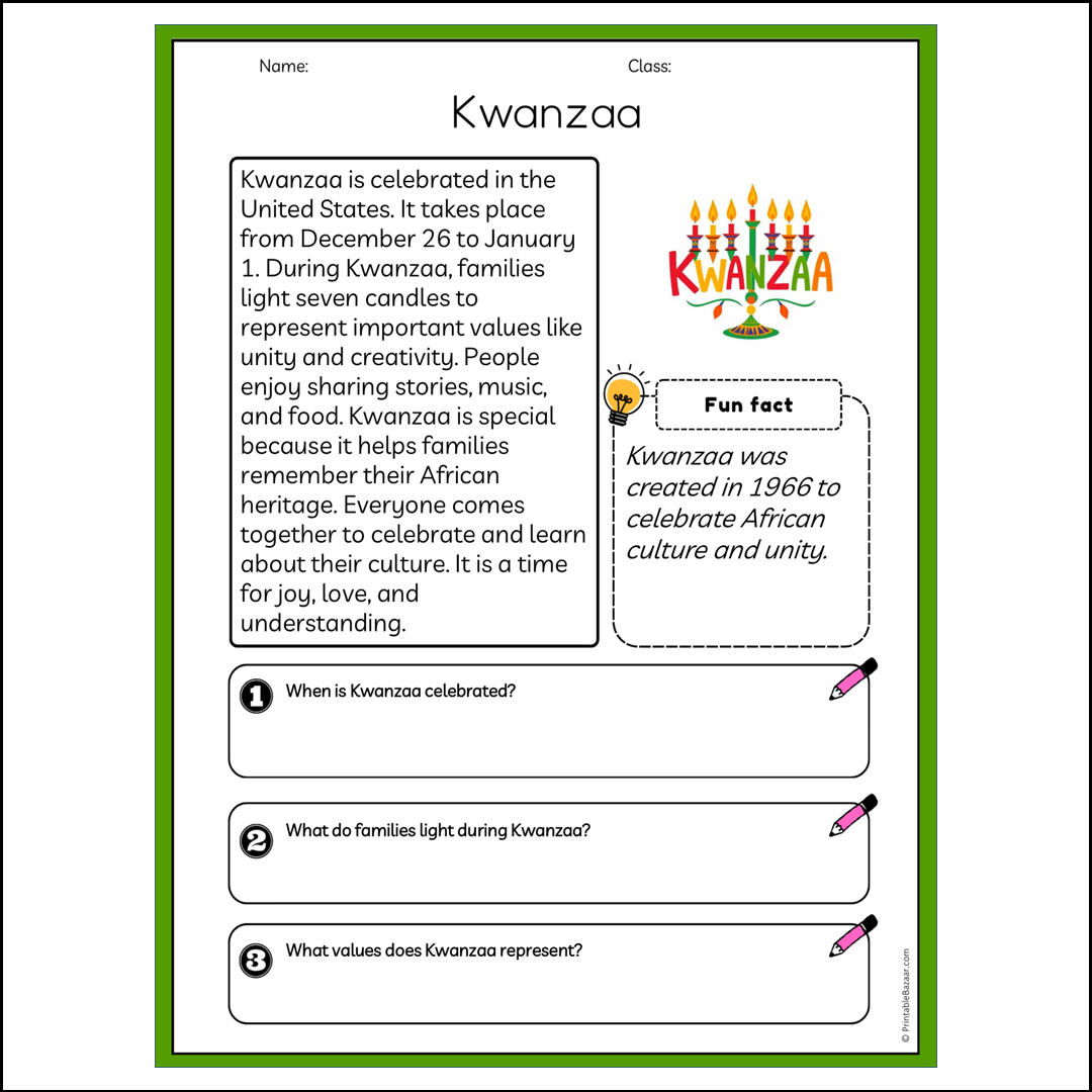 Kwanzaa | Reading Passage Comprehension Questions Writing Facts Worksheet