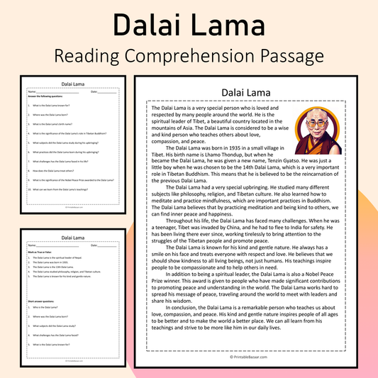 Dalai Lama | Reading Comprehension Passage Printable Activity