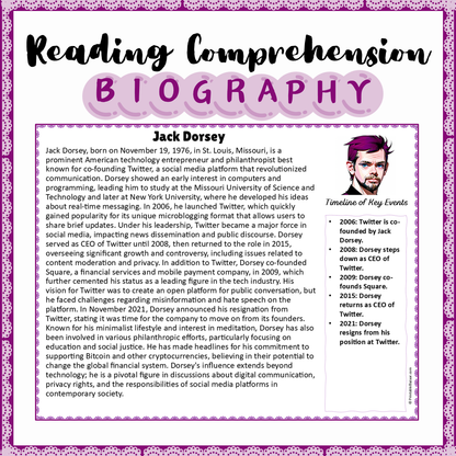 Jack Dorsey | Biography Reading Comprehension and Questions Worksheet