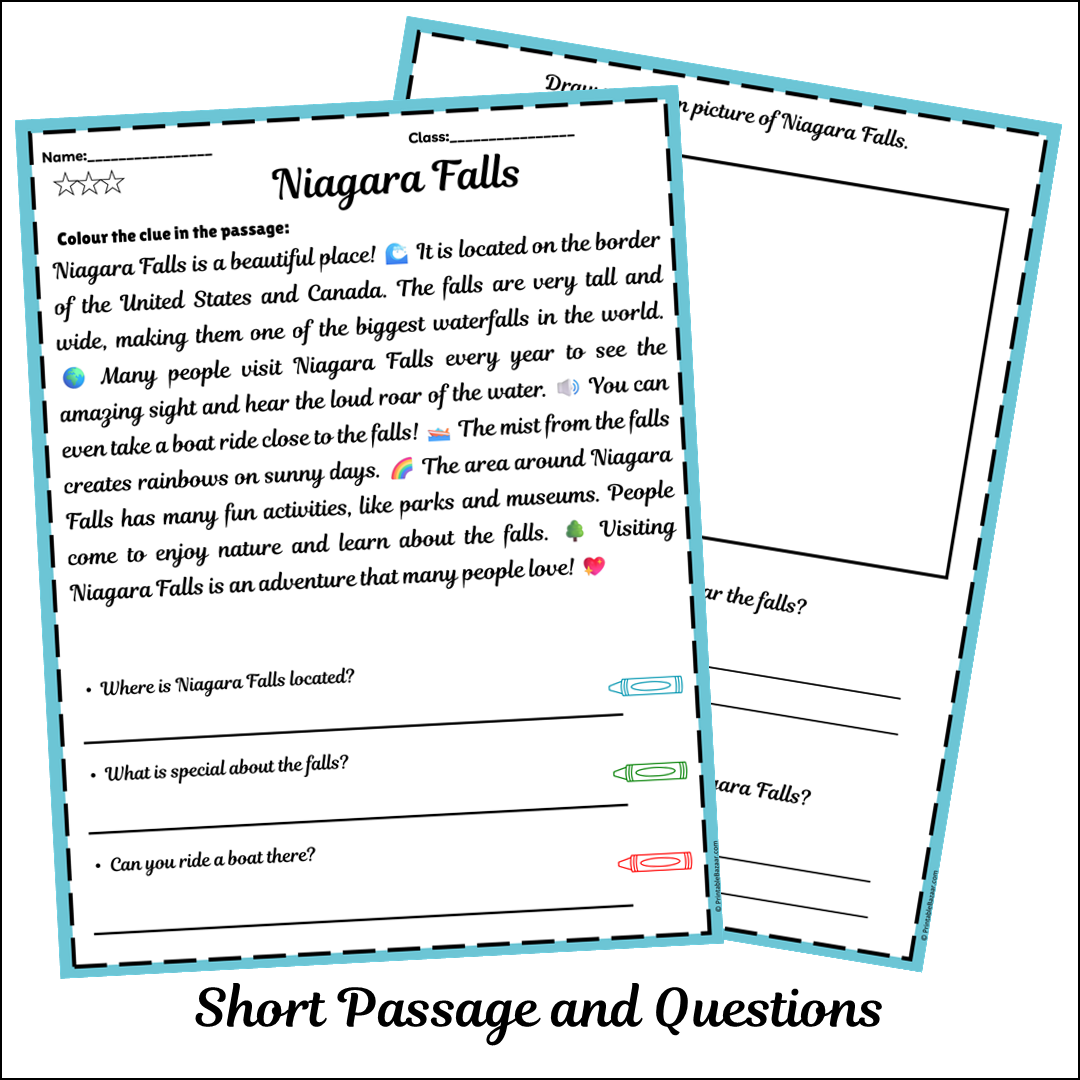 Niagara Falls | Short Reading Comprehension Creative Worksheet